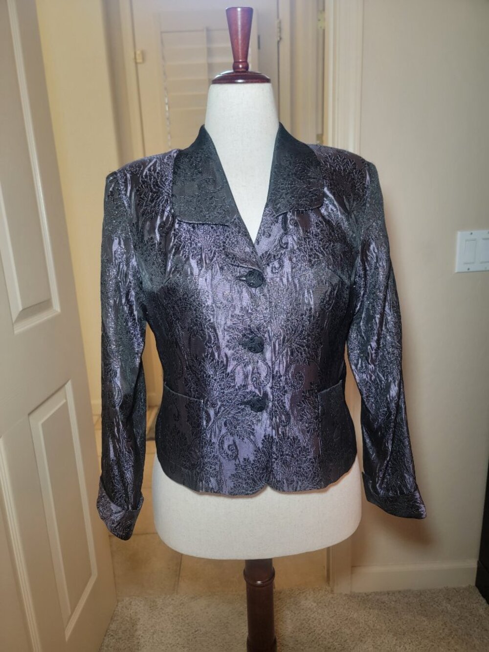 EUC! MSK PETITE EVENING WOMEN'S PAISLEY METALLIC DEEP PURPLE JACKET SIZE PL